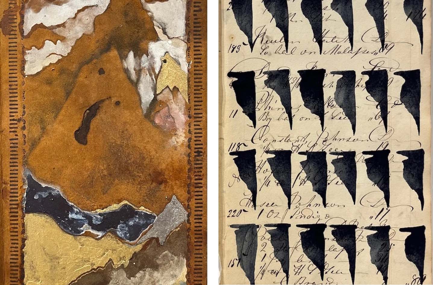 Vermont General Store Ledger, 1829-1830 (cover, left) Ledger Lines (single page, right), recovered by Sarah H. Paulson