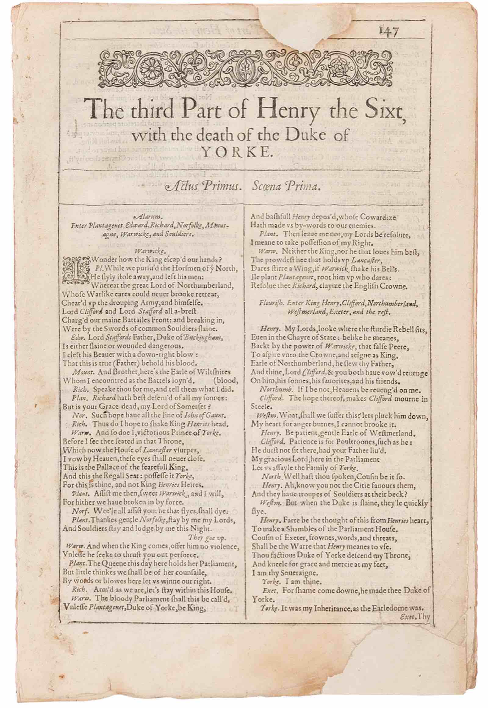 William Shakespeare's The Third Part Of Henry The Sixt, With The Death Of The Duke Of Yorke is estimated at $5,000-7,000