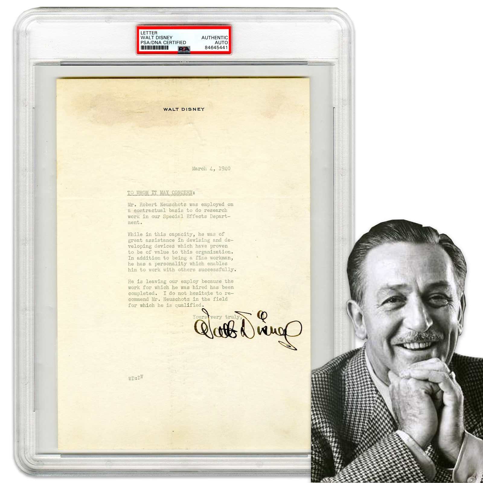Walt Disney: A one-page typed letter recommending a former Special Effects Department employee
