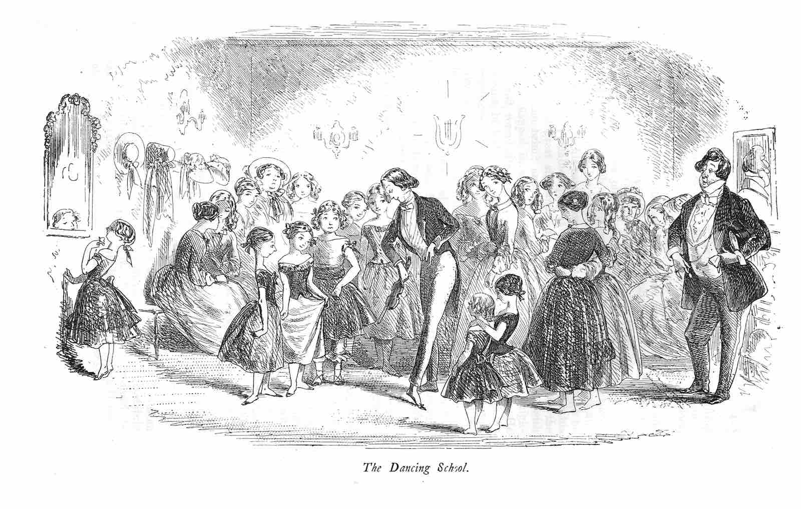 The Dancing School, from Bleak House, illustrated by Phiz (Hablot Knight Browne)