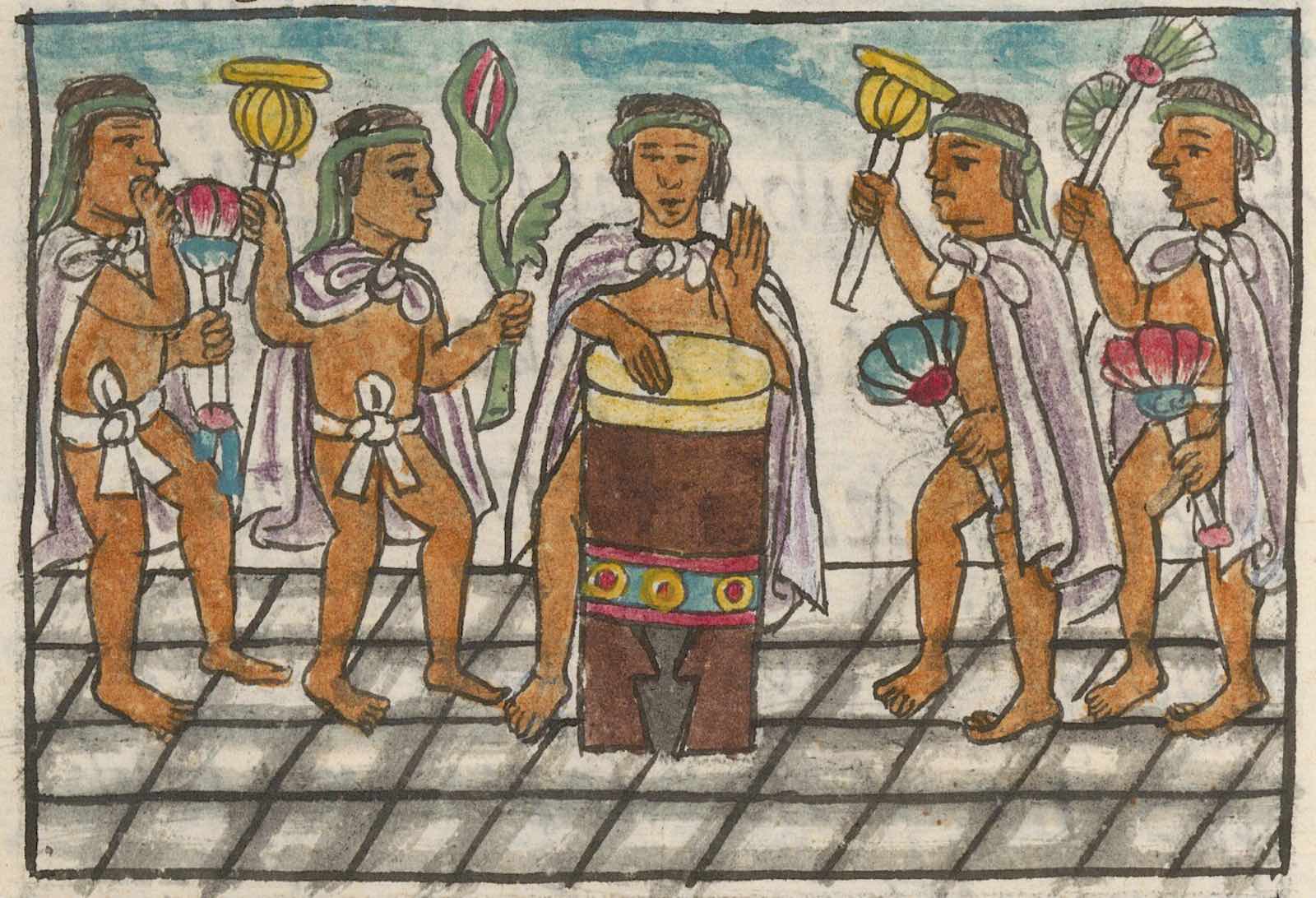 Dancers accompany a drummer playing the huehuetl (upright drum) in Book 9 of the Florentine Codex, 1577, Alonso Vegerano.