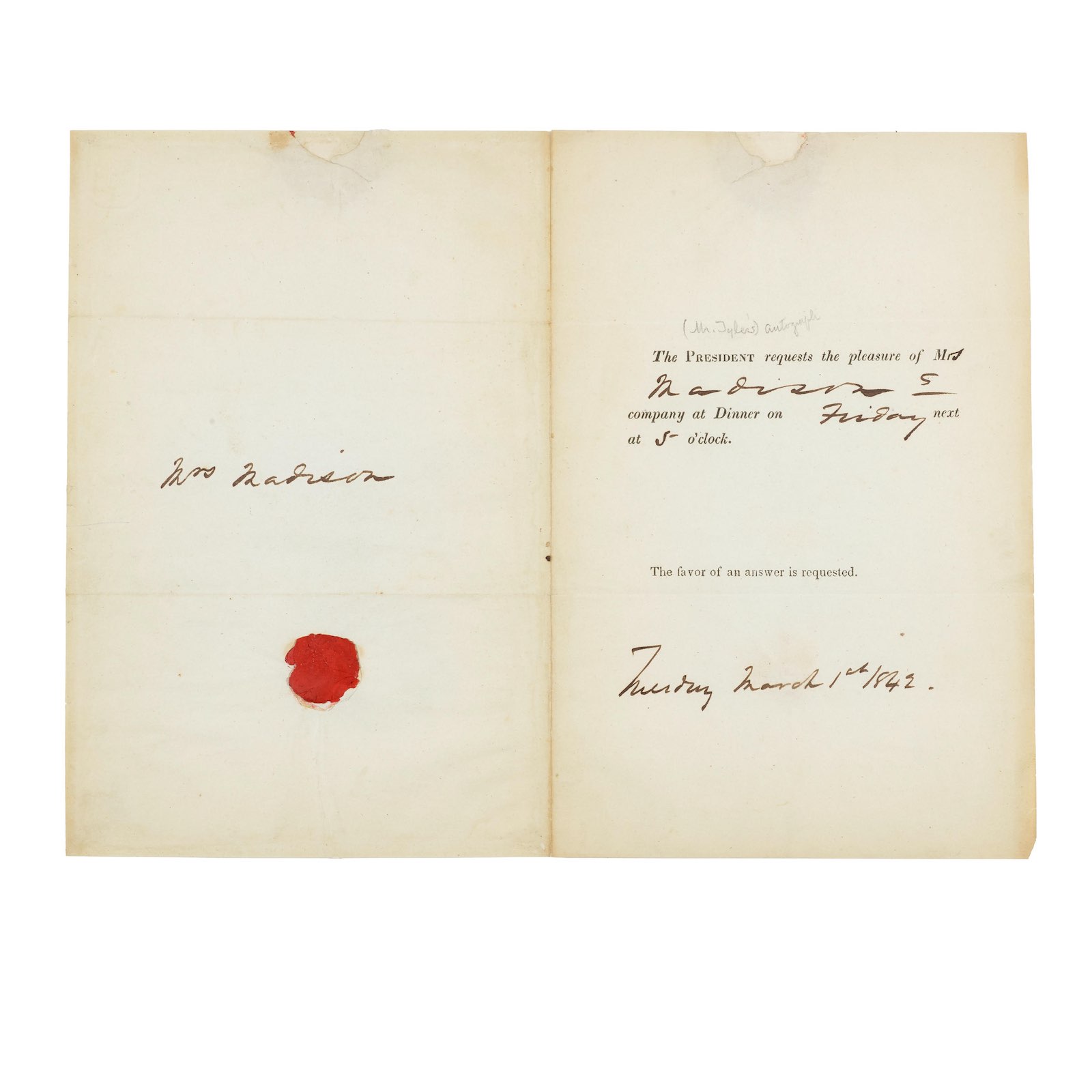 John Tyler's dinner invitation to Dolley Madison