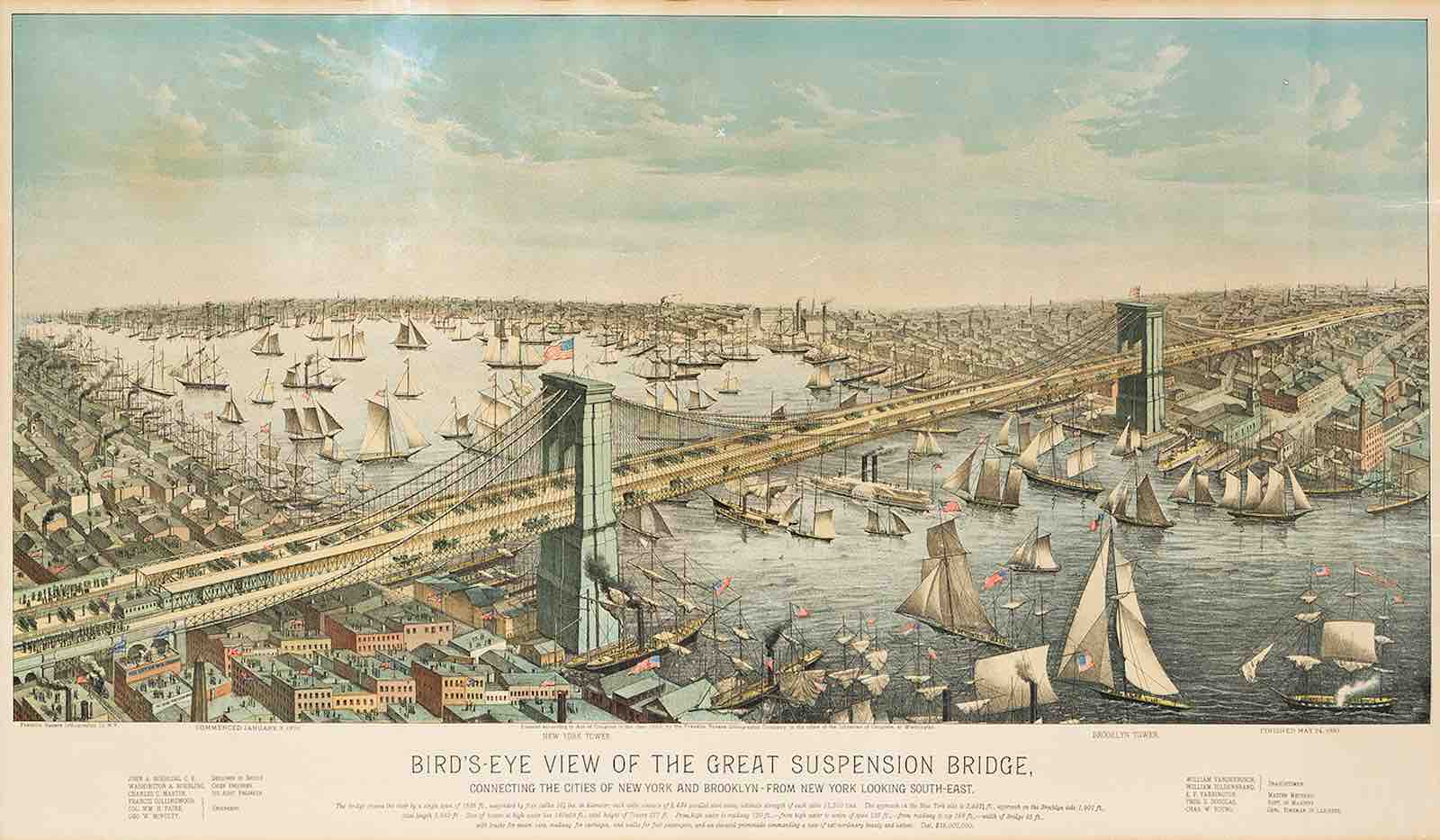 Designer Unknown, Bird’s-Eye View of the Great Suspension Bridge, Connecting the Cities of New York and Brooklyn – From New York Looking South-East, large color-tinted lithographed panoramic view celebrating the completion of the Brooklyn Bridge May 24th, 1883. Estimate $2,000 to $3,000.