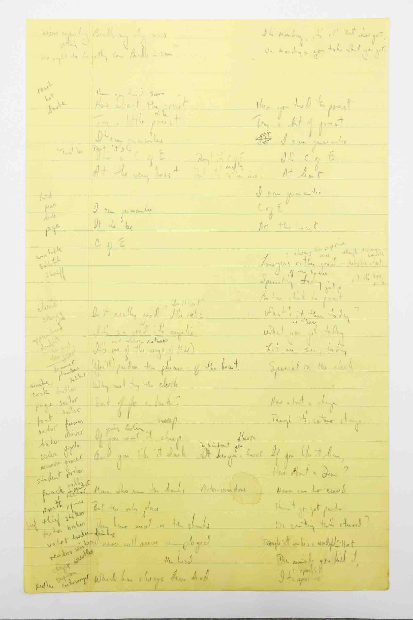 A page from Stephen Sondheim’s lyric sketches for A Little Priest from Sweeney Todd