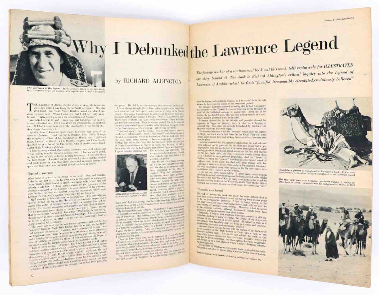 Richard Aldington. “Why I Debunked the Lawrence Legend.” Illustrated, London, February 5, 1955. From the collection of Simon Hewett