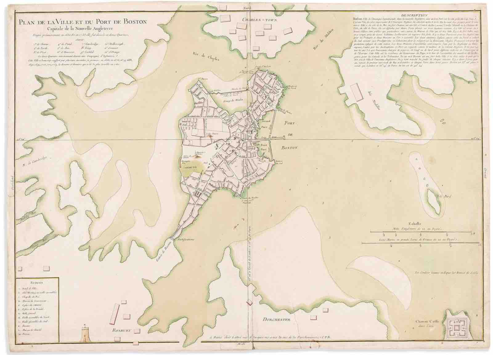 Double-page engraved map of Boston's original Shawmut Peninsula