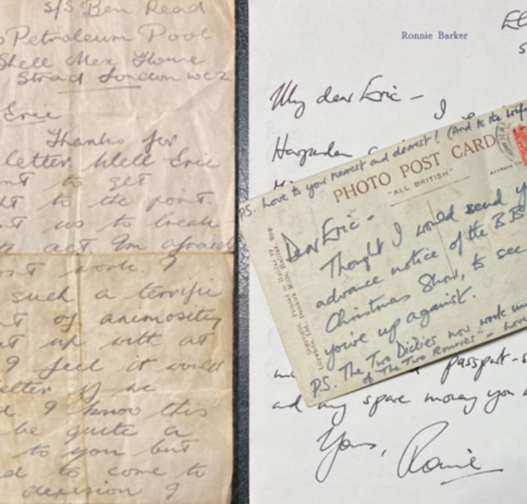 The letter from Ernie Wise to Morecambe (left) and from comedian Ronnie Barker (right)