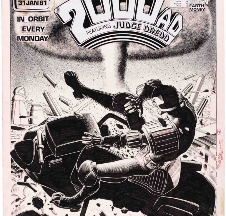 Brian Bolland original pen and ink cover art from an early run of 2000 AD, Issue 197, featuring Judge Dredd