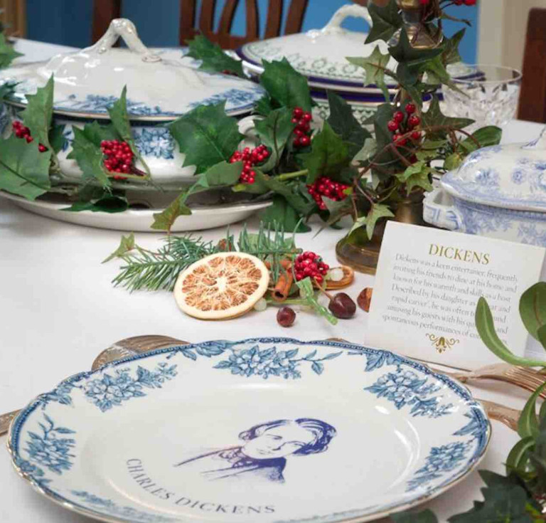 The festive dining room table at the Charles Dickens Museum