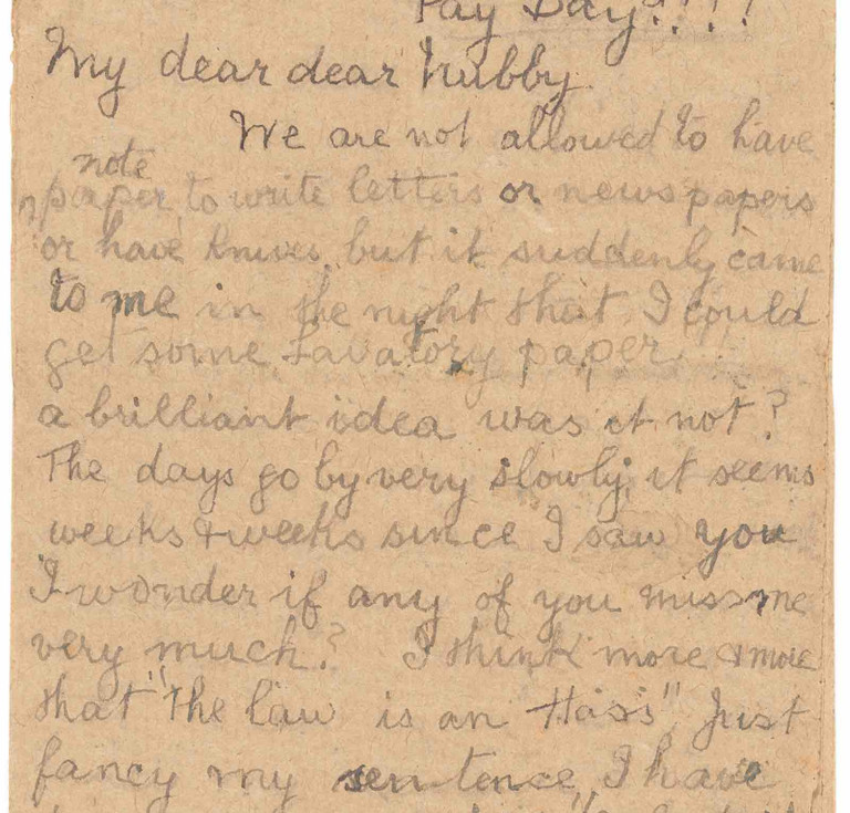 letter written on prison-issue toilet paper by suffragette Anne Seymour Pearson