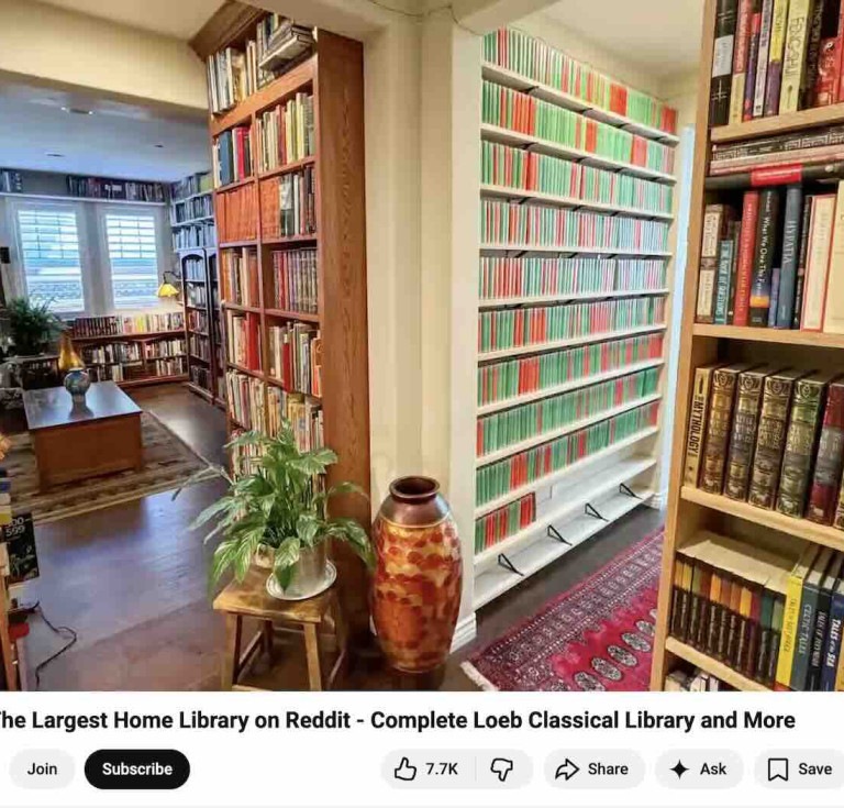 A screengrab from Timothy Kenny's Bookshelf Tour of The Largest Home Library on Reddit - Complete Loeb Classical Library and More video on YouTube